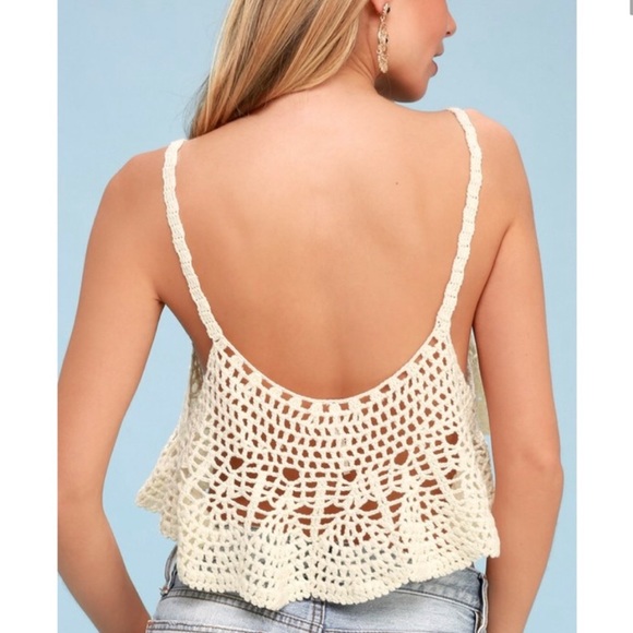 NWT Free People Crochet Woven Cropped Tank  Ivory - Picture 3 of 8